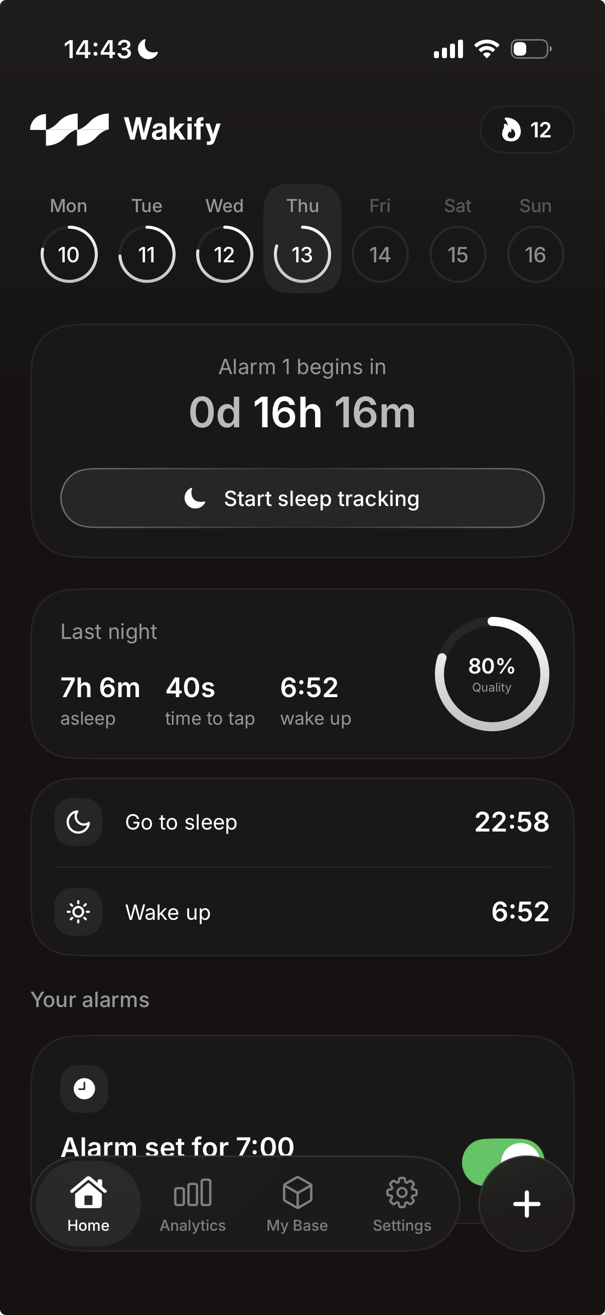Wakify home screen showing the next alarm countdown, sleep tracking, streak and today's alarms
